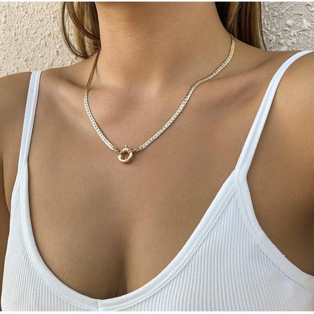 18K Gold Plate Charm Pendant Holder Snake Necklace Stainless Steel Unisex